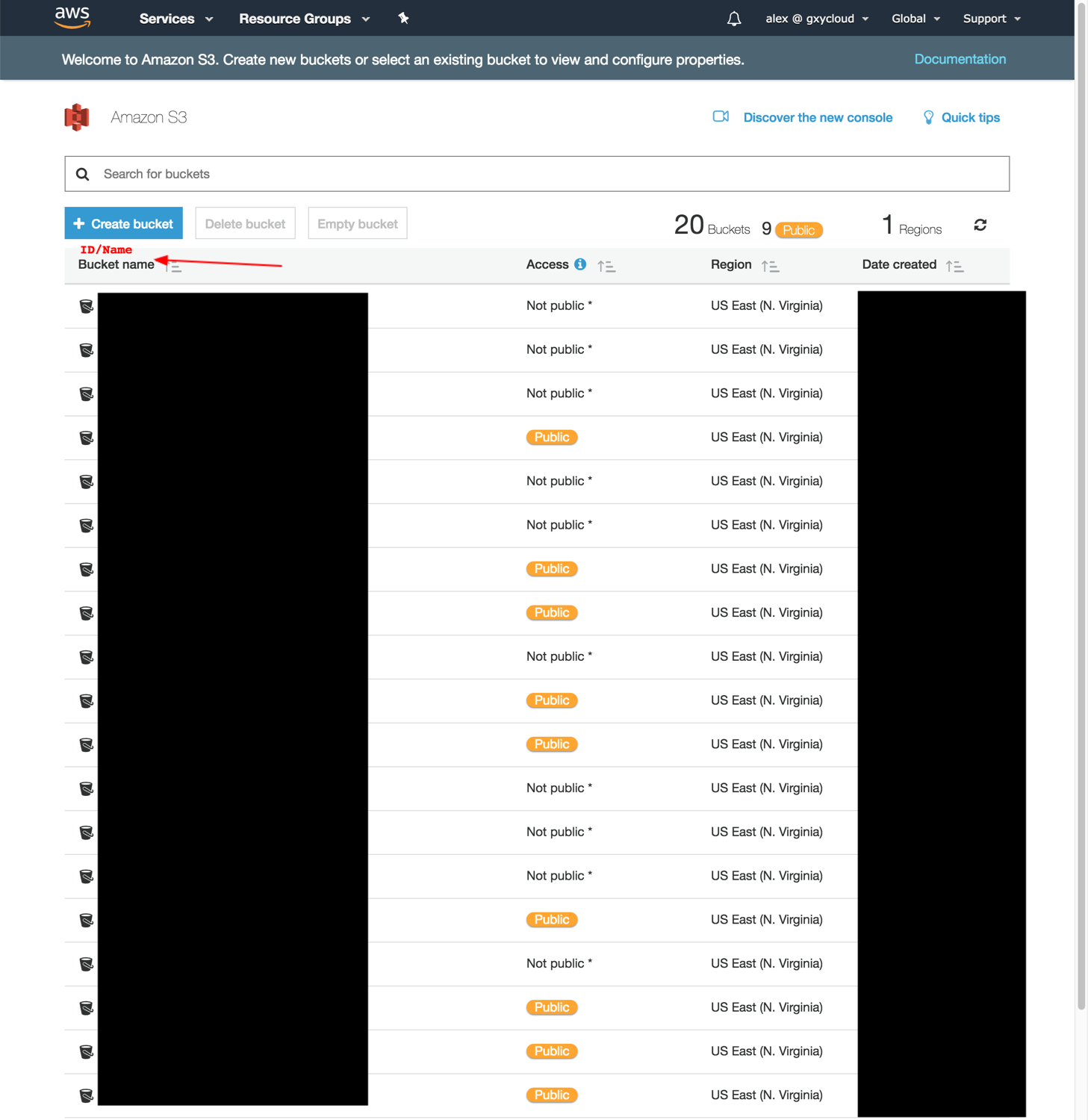 list of buckets on AWS dashboard