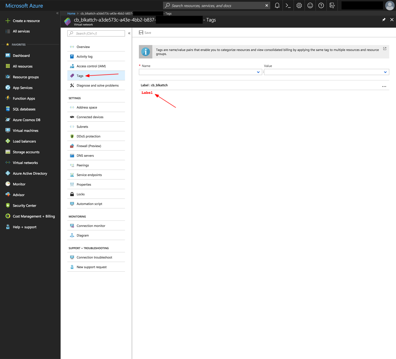 network label in Azure portal