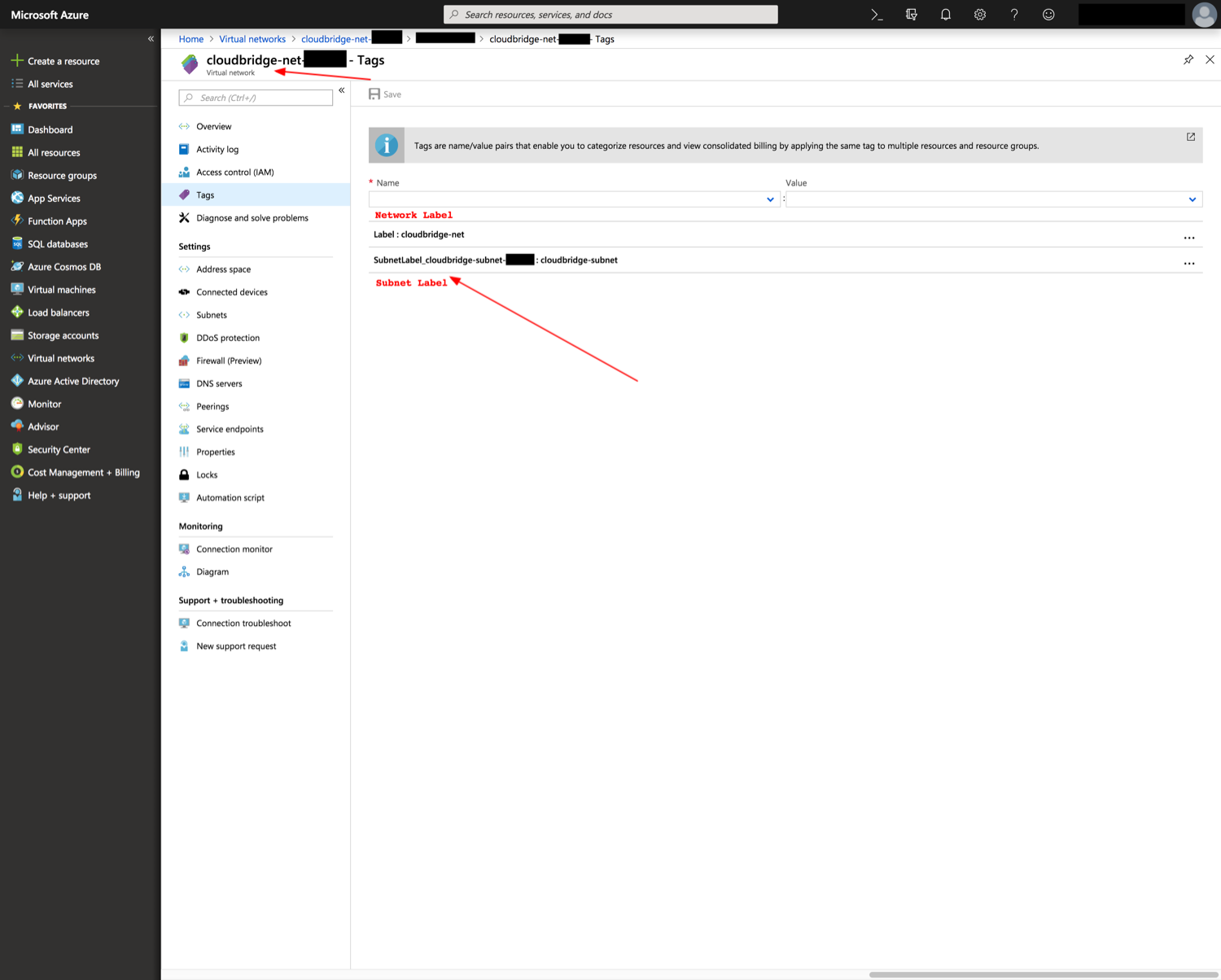 subnet label in Azure portal