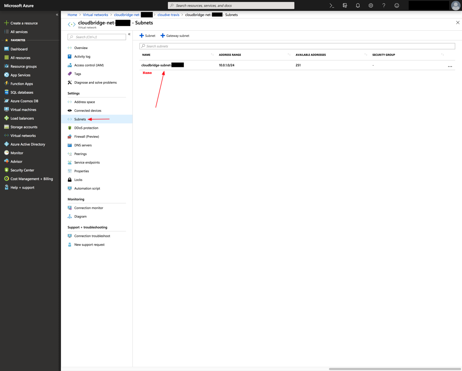 subnet name in Azure portal