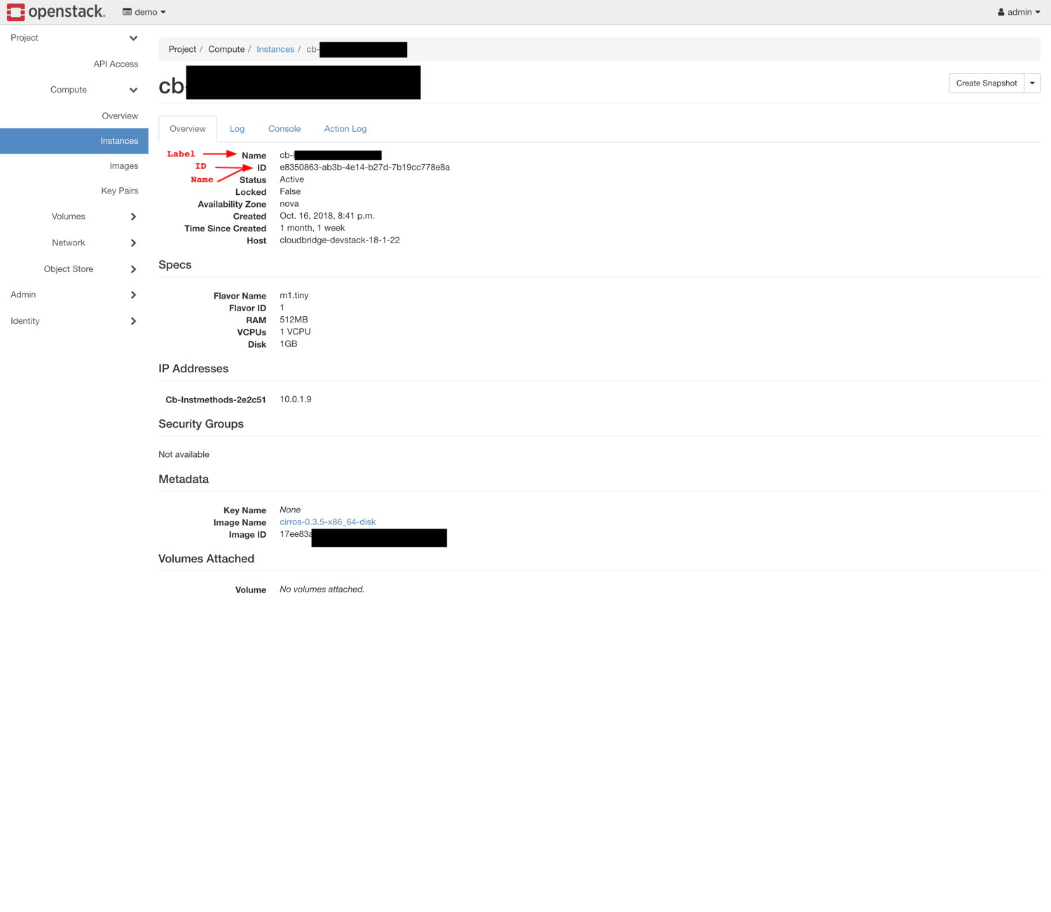 name, ID, and label properties for OS Instances