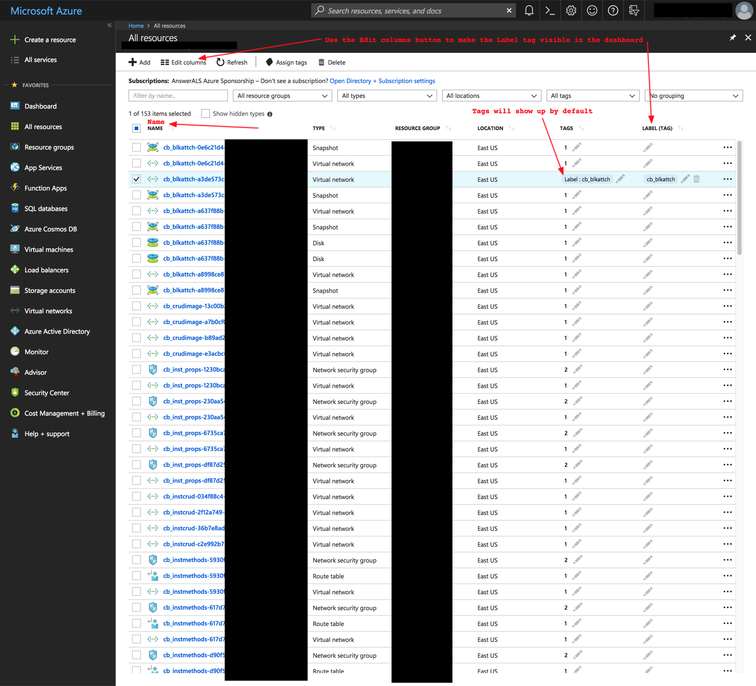 name and label properties in Azure portal
