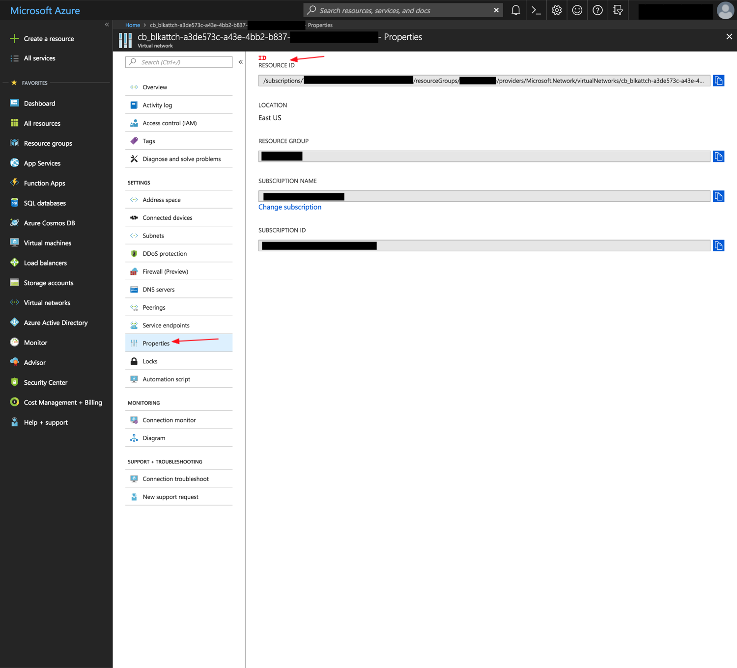 network id in Azure portal